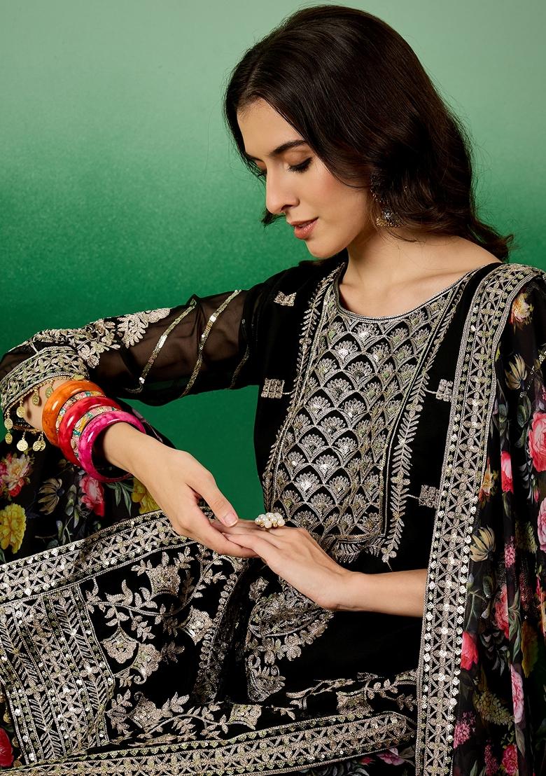 Black Sequin Zari Embroidered Georgette Palazzo Set