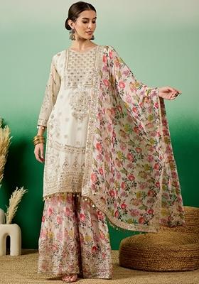 White Sequin Zari Embroidered Georgette Palazzo Set