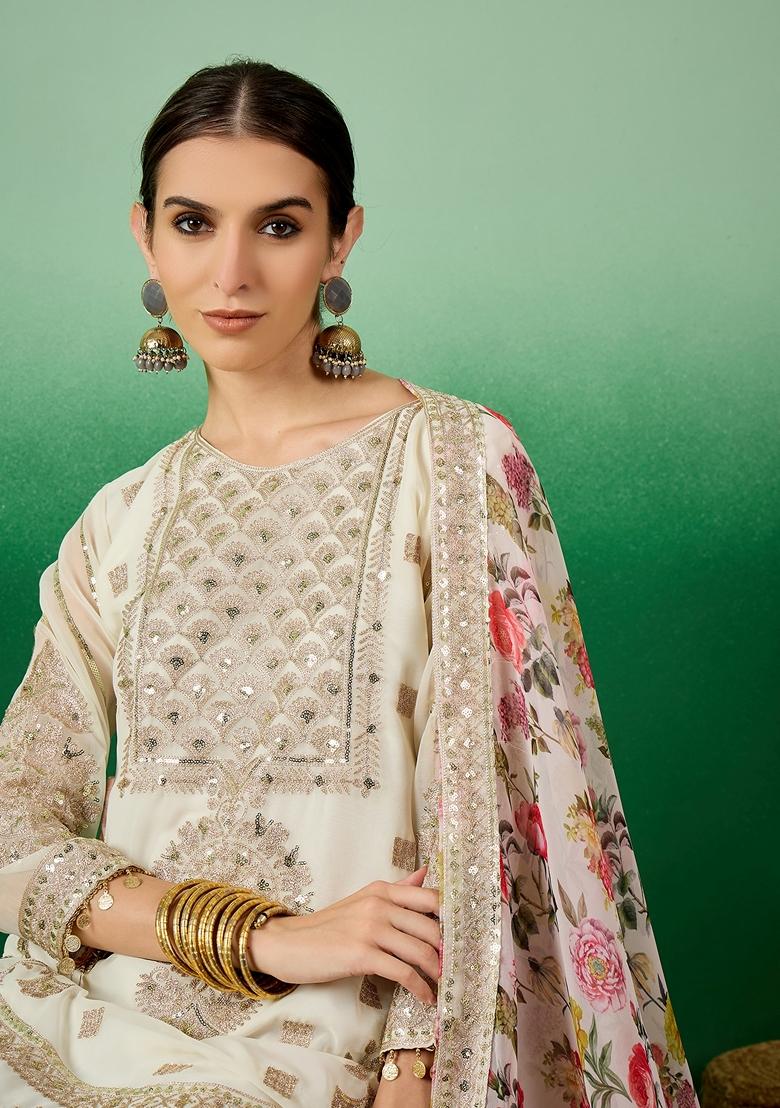 White Sequin Zari Embroidered Georgette Palazzo Set