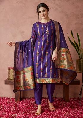 Purple Jacquard Woven Cotton Chanderi Kurta Set
