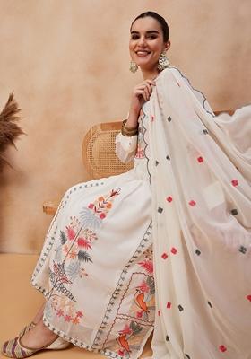 Snow White Thread Embroidered Faux Georgette Palazzo Set With Dupatta