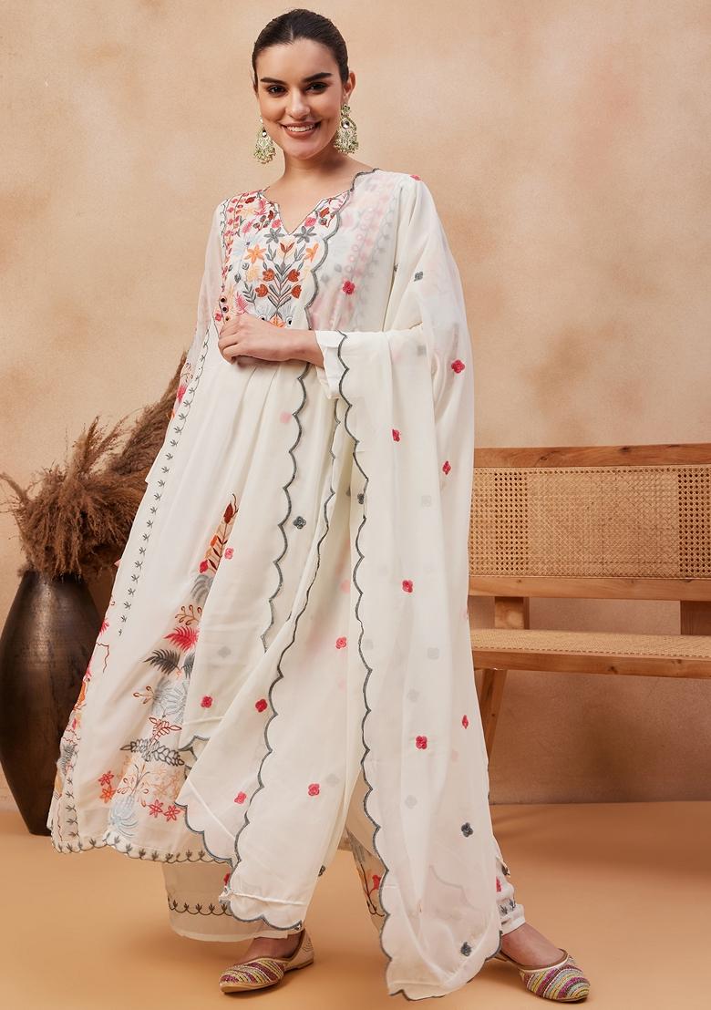 Snow White Thread Embroidered Faux Georgette Palazzo Set