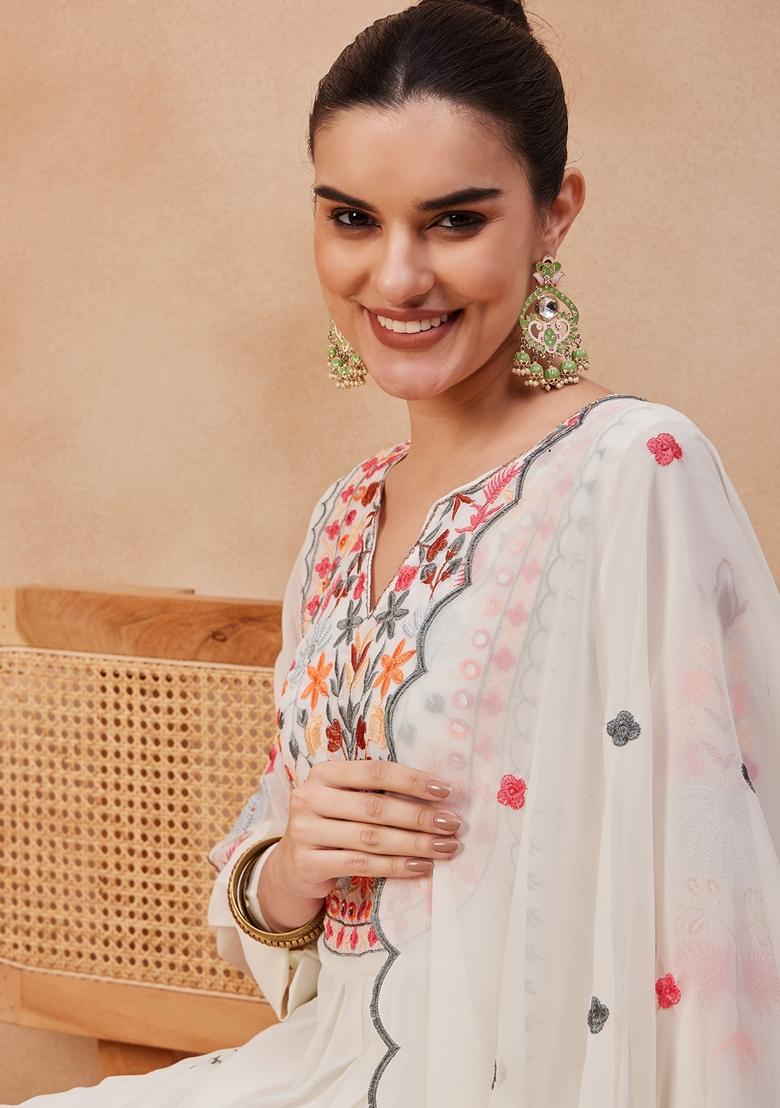 Snow White Thread Embroidered Faux Georgette Palazzo Set