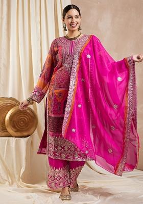Ruby Pink Zari Embroidered Georgette Palazzo Set