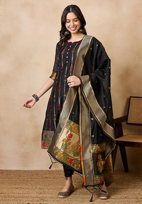 Black Jacquard Printed Cotton Chanderi Kurta Set
