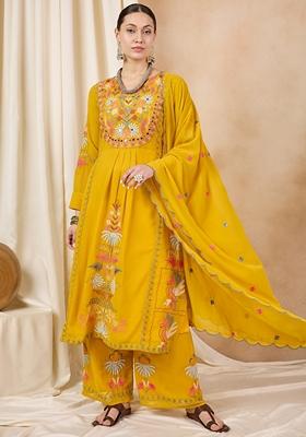 Yellow Thread Embroidered Faux Georgette Palazzo Set