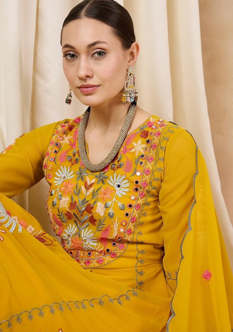 Yellow Thread Embroidered Faux Georgette Palazzo Set