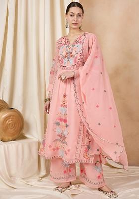 Peach Thread Embroidered Faux Georgette Palazzo Set