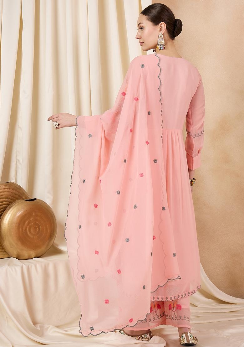 Peach Thread Embroidered Faux Georgette Palazzo Set