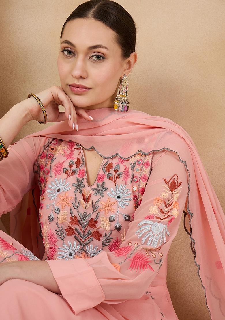 Peach Thread Embroidered Faux Georgette Palazzo Set