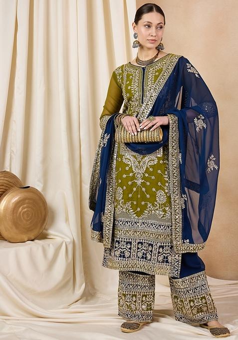 Olive Green Zari Embroidered Georgette Palazzo Set