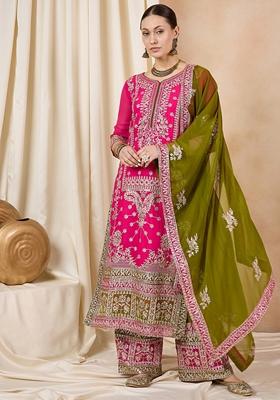Hot Pink Zari Embroidered Georgette Palazzo Set
