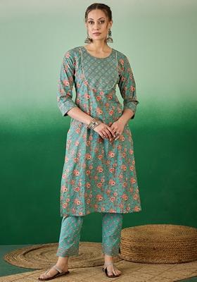 Rama Blue Floral Print Jaipuri Cotton Kurta Set