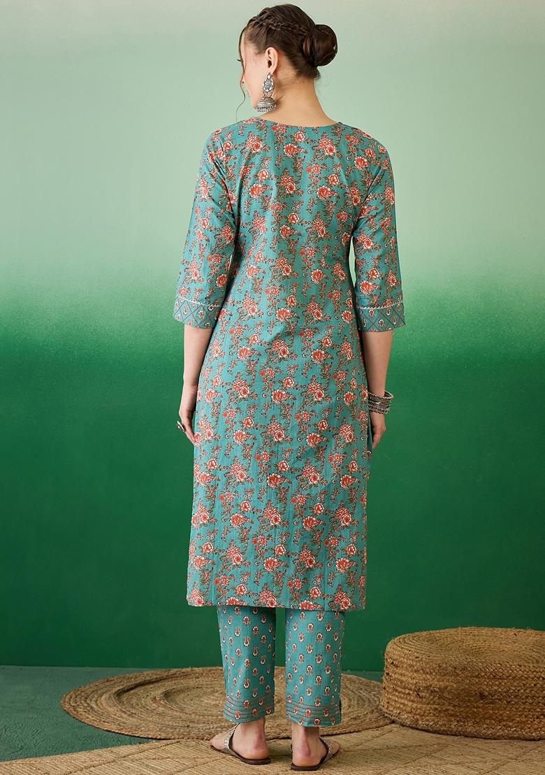 Rama Blue Floral Print Jaipuri Cotton Kurta Set