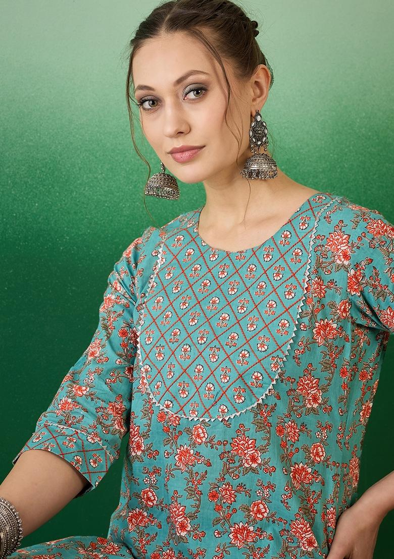 Rama Blue Floral Print Jaipuri Cotton Kurta Set
