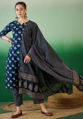 Blue Floral Print Jaipuri Cotton Kurta Set