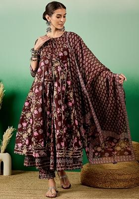 Brown Floral Print Jaipuri Cotton Kurta Set