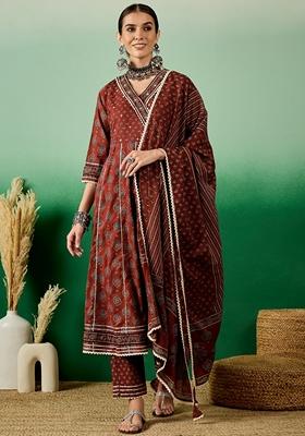 Rust Floral Print Jaipuri Cotton Kurta Set
