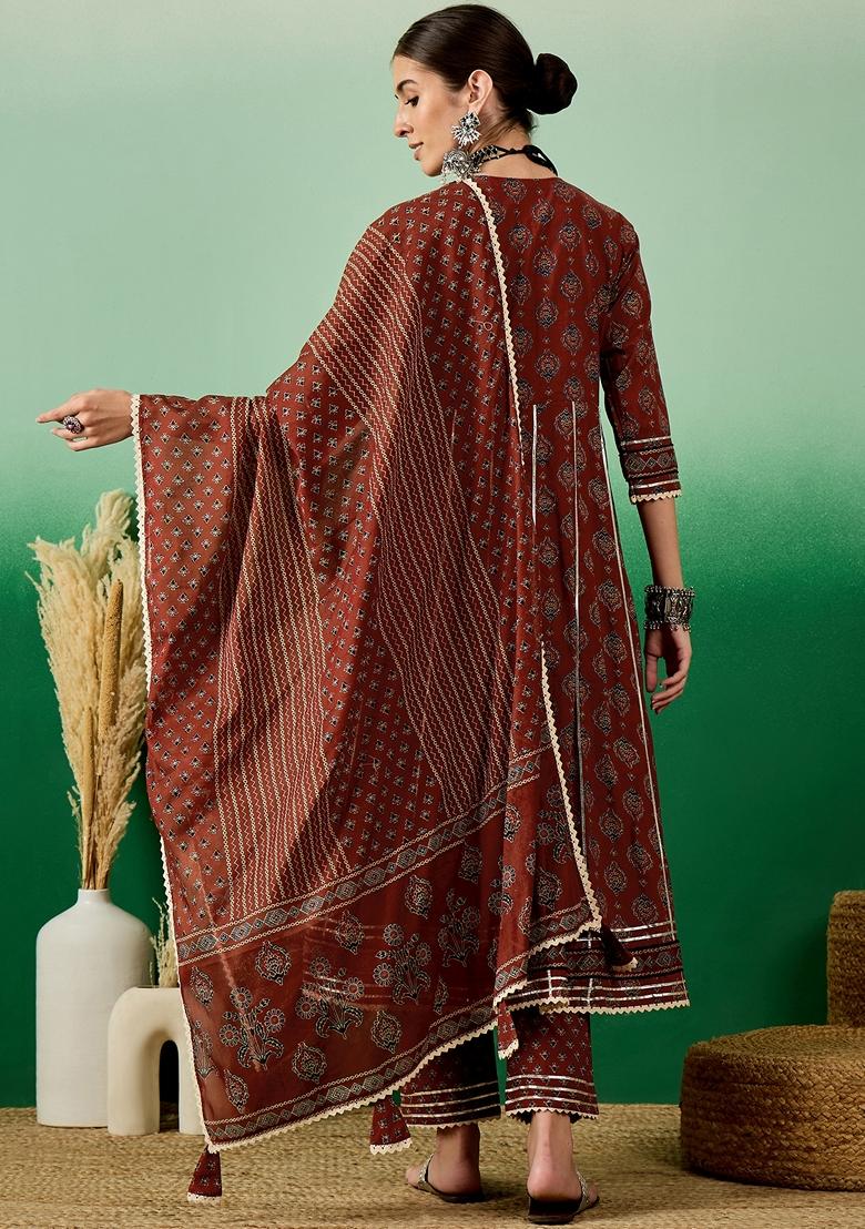 Rust Floral Print Jaipuri Cotton Kurta Set