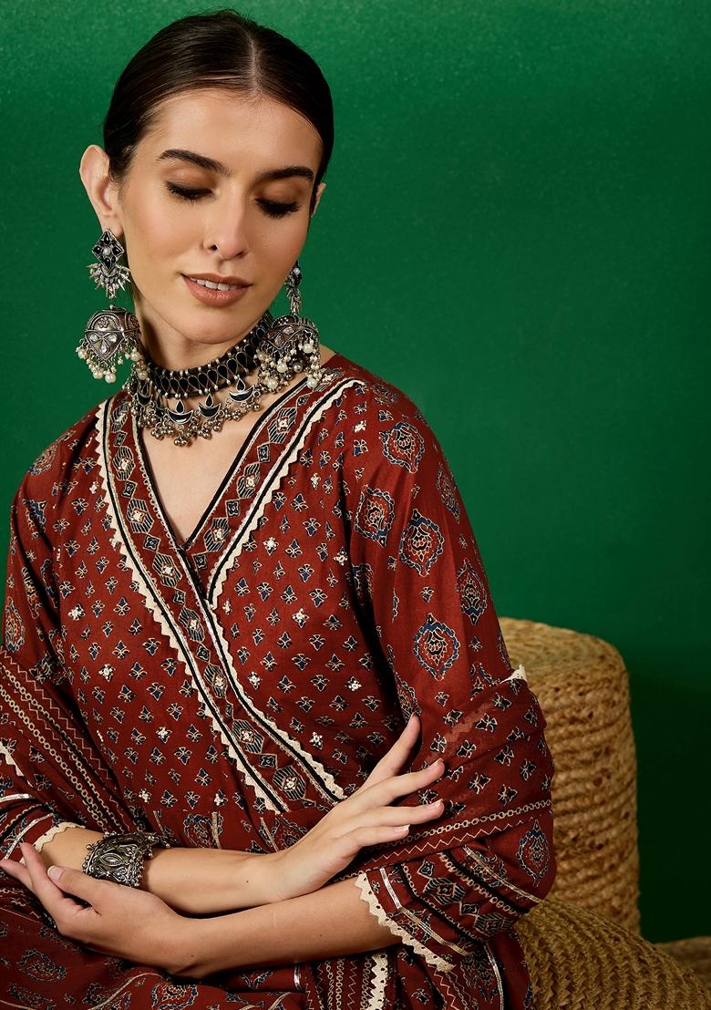 Rust Floral Print Jaipuri Cotton Kurta Set