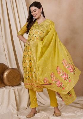 Yellow Jacquard Printed Cotton Chanderi Kurta Set With Dupatta