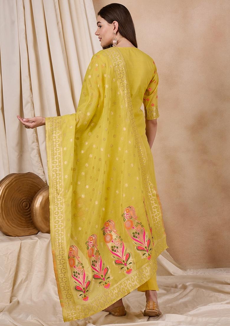 Yellow Jacquard Printed Cotton Chanderi Kurta Set