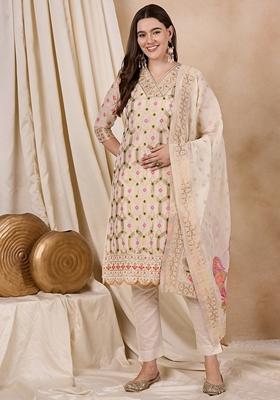 White Jacquard Printed Cotton Chanderi Kurta Set