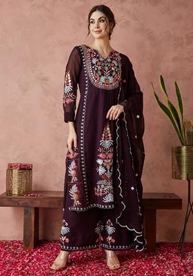 Wine Thread Embroidered Faux Georgette Palazzo Set