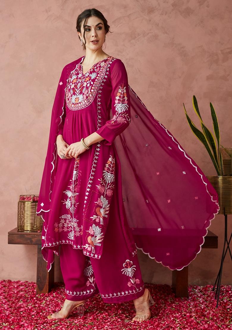 Rani Pink Thread Embroidered Faux Georgette Palazzo Set