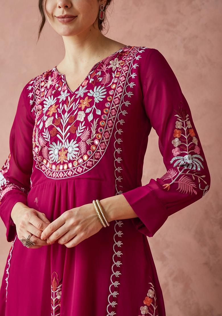 Rani Pink Thread Embroidered Faux Georgette Palazzo Set