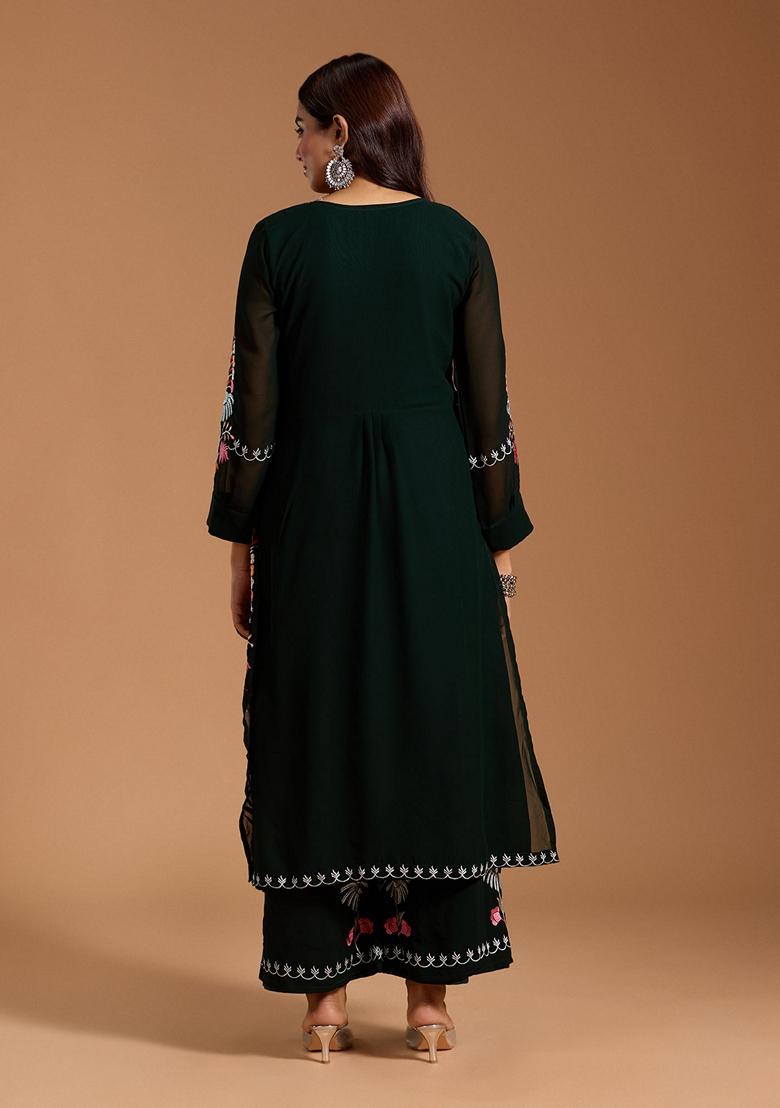 Dark Green Thread Embroidered Faux Georgette Palazzo Set