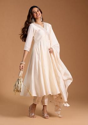 White Gota Patti Lace Work Roman Silk Kurta Set