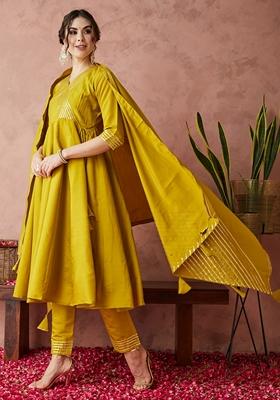 Yellow Gota Patti Lace Work Roman Silk Kurta Set