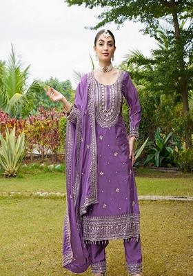 Purple Sequin Thread Embroidered Chinon Kurta Set