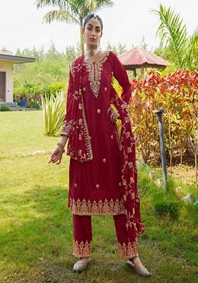 Rani Pink Sequin Thread Embroidered Chinon Kurta Set