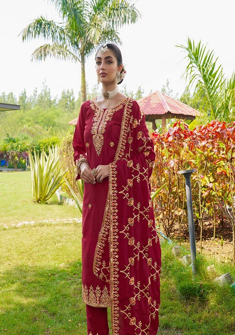 Rani Pink Sequin Thread Embroidered Chinon Kurta Set