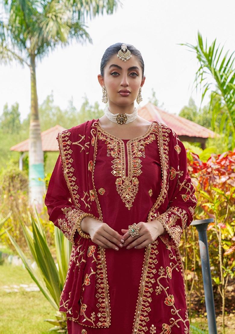 Rani Pink Sequin Thread Embroidered Chinon Kurta Set