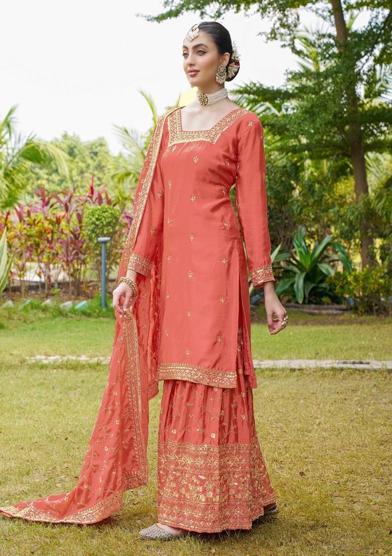 Orange Sequin Thread Embroidered Chinon Kurta Set