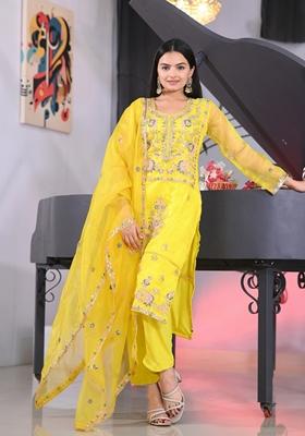 Lemon Yellow Sequin Thread Embroidered Organza Kurta Set