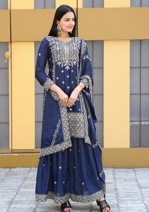 Blue Sequin Thread Embroidered Chinon Kurta Set