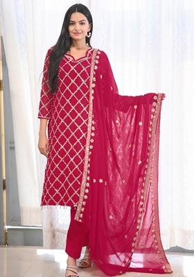 Rani Pink Sequin Thread Embroidered Faux Georgette Kurta Set