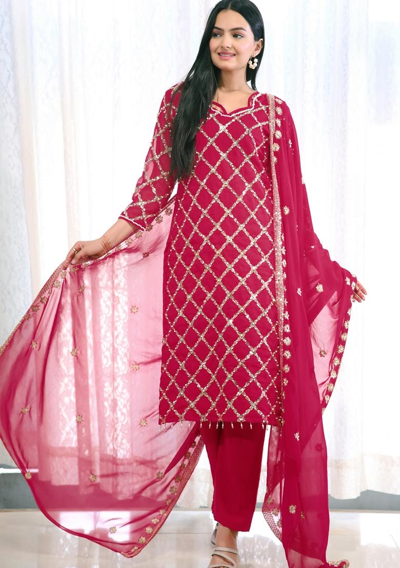 Rani Pink Sequin Thread Embroidered Faux Georgette Kurta Set