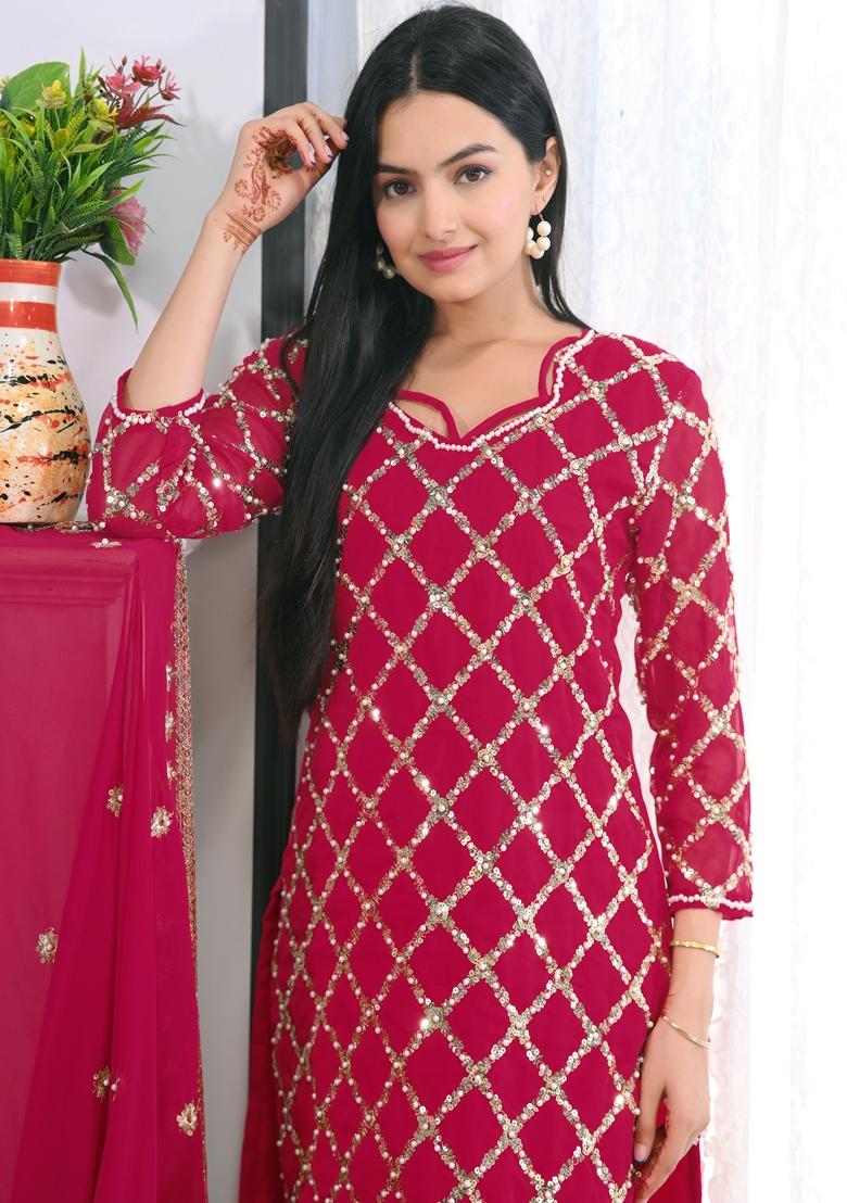 Rani Pink Sequin Thread Embroidered Faux Georgette Kurta Set