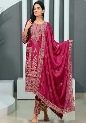 Rani Pink Sequin Thread Embroidered Chinon Kurta Set