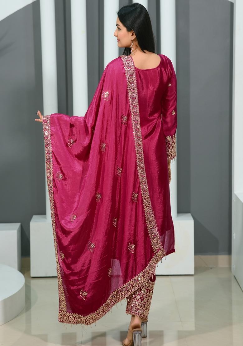Rani Pink Sequin Thread Embroidered Chinon Kurta Set