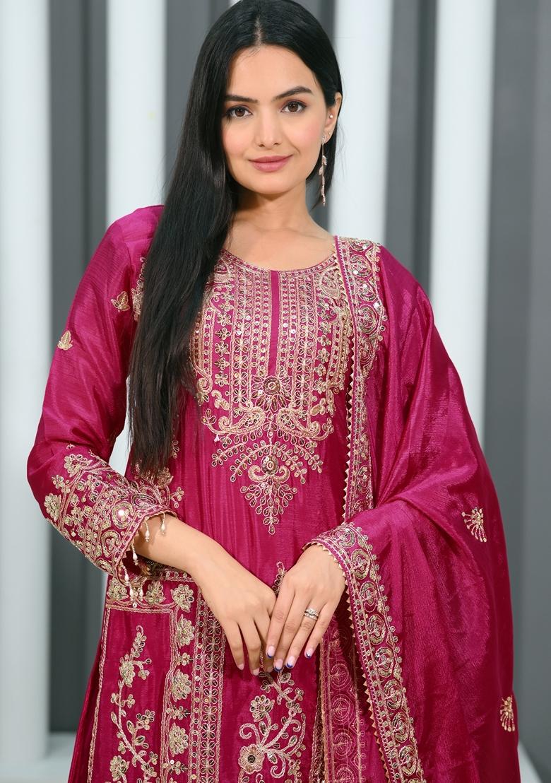 Rani Pink Sequin Thread Embroidered Chinon Kurta Set