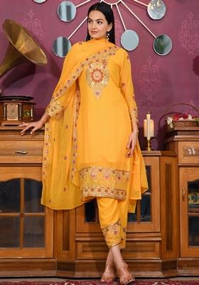 Yellow Sequin Thread Embroidered Faux Georgette Kurta Set
