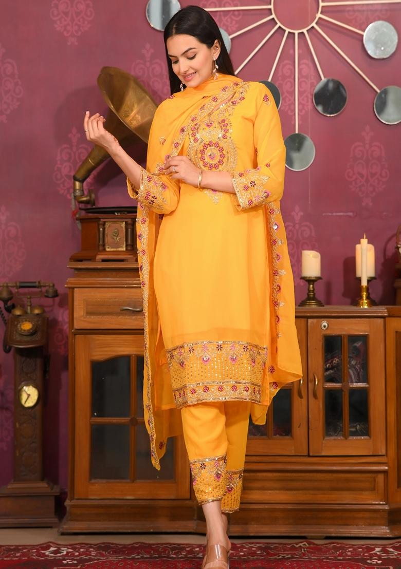 Yellow Sequin Thread Embroidered Faux Georgette Kurta Set