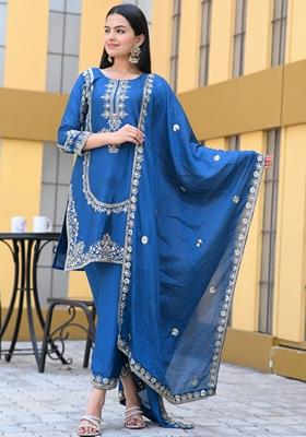 Blue Sequin Thread Embroidered Chinon Kurta Set