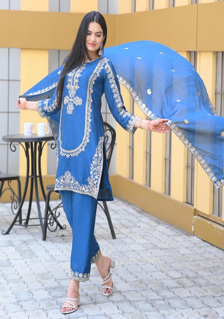 Blue Sequin Thread Embroidered Chinon Kurta Set